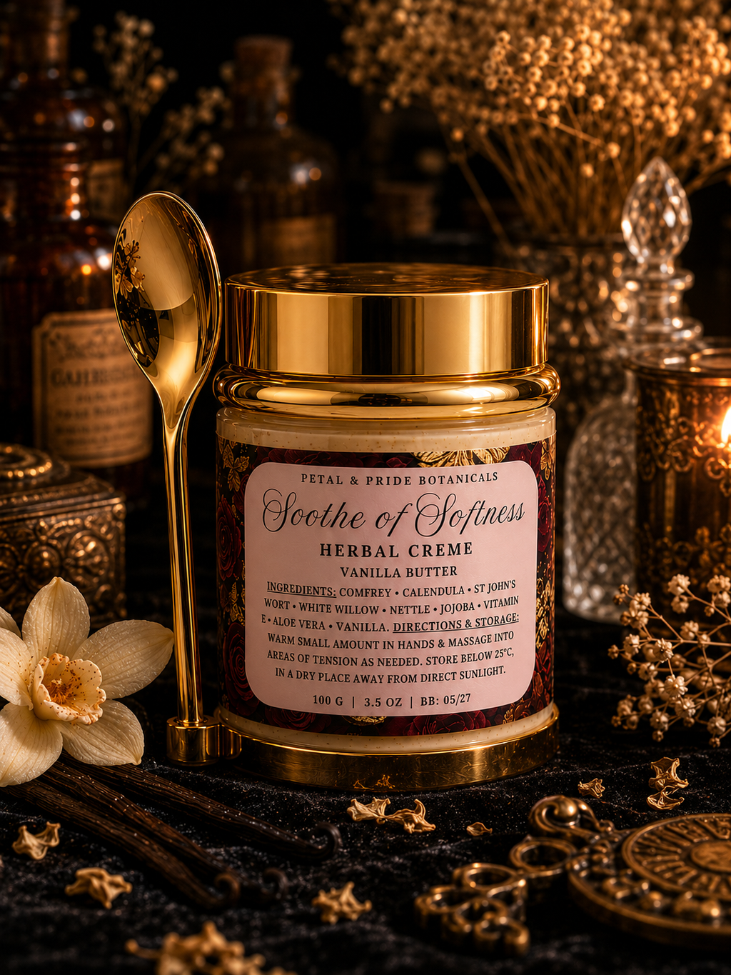 Jar of 'Soothe of Softness Herbal Crème' with a gold spoon on a dark background
