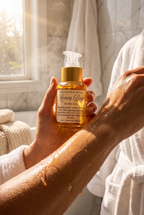 A person wearing a white robe applies honey dew hand oil from a gold pump bottle onto their forearm in a bright bathroom setting.