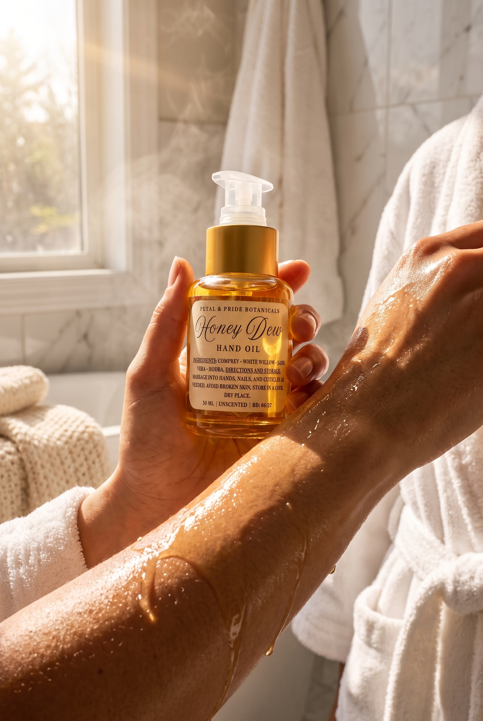 A person wearing a white robe applies honey dew hand oil from a gold pump bottle onto their forearm in a bright bathroom setting.