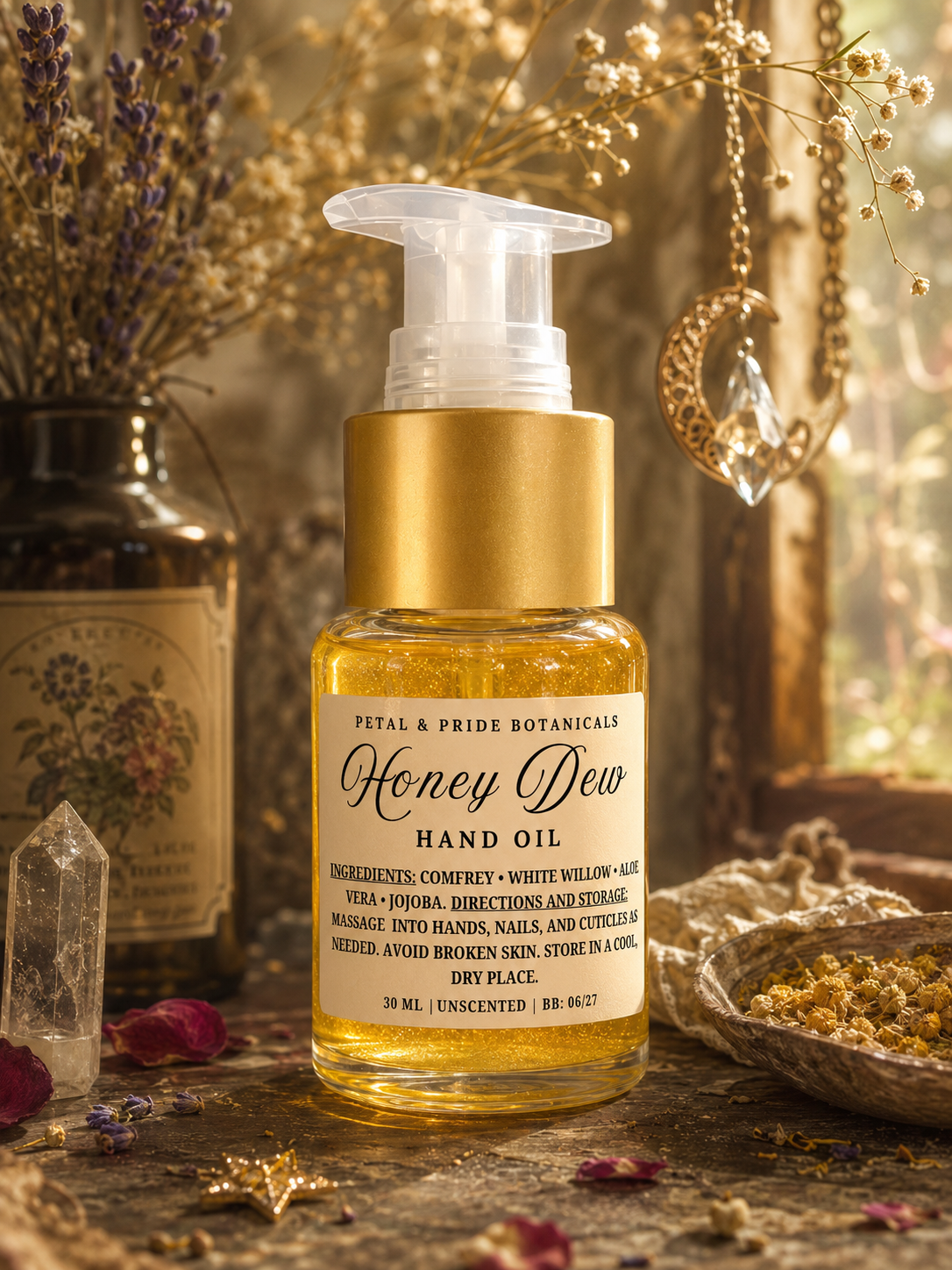 A bottle of Honey Dew Hand Oil by Pital & Pride Botanicals, featuring a gold cap and a cream-colored label, set against a warm, rustic background with dried flowers, crystals, and a small dish of dried botanicals.